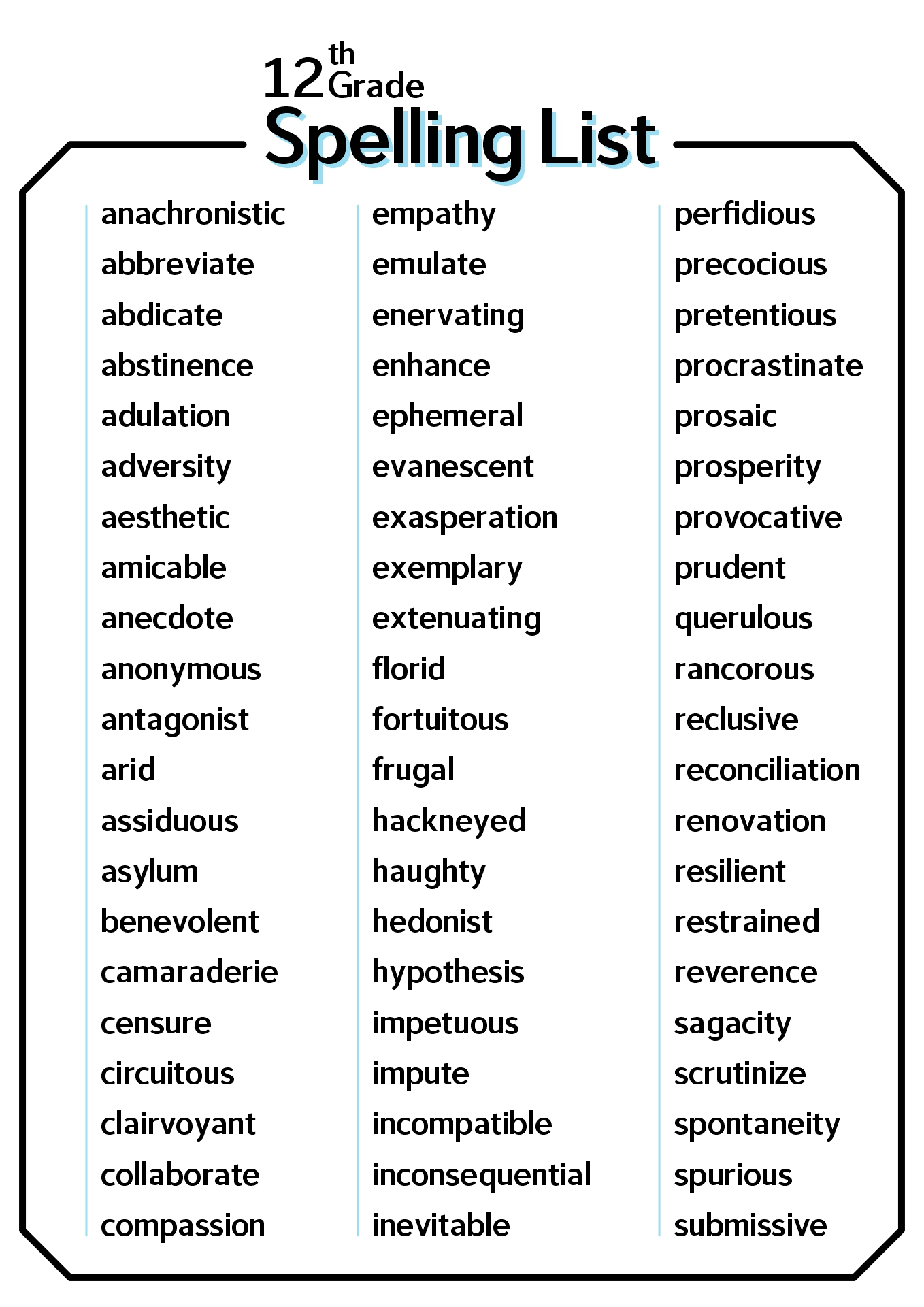 12th Grade Spelling Word List