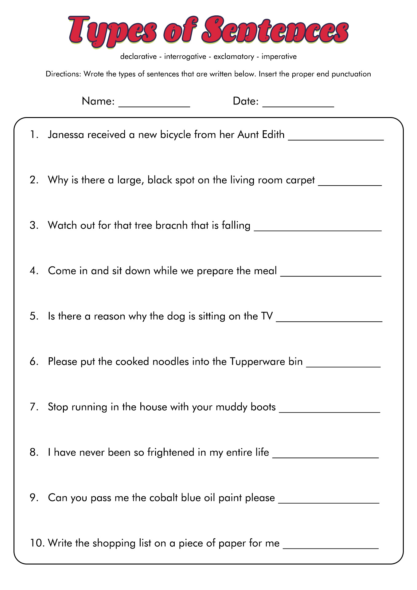 4 Kinds of Sentences Worksheet Image