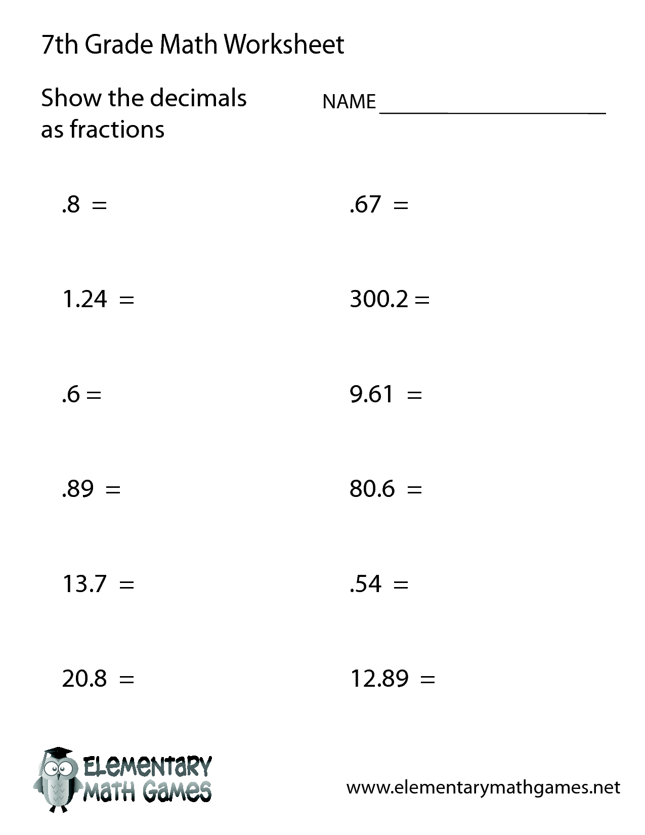 7th Grade Math Problems Worksheets