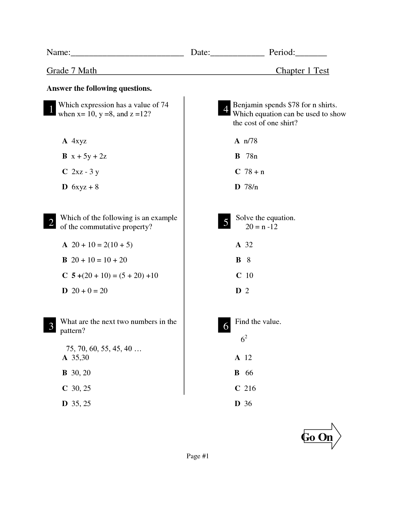 7th Grade Math Test Worksheets