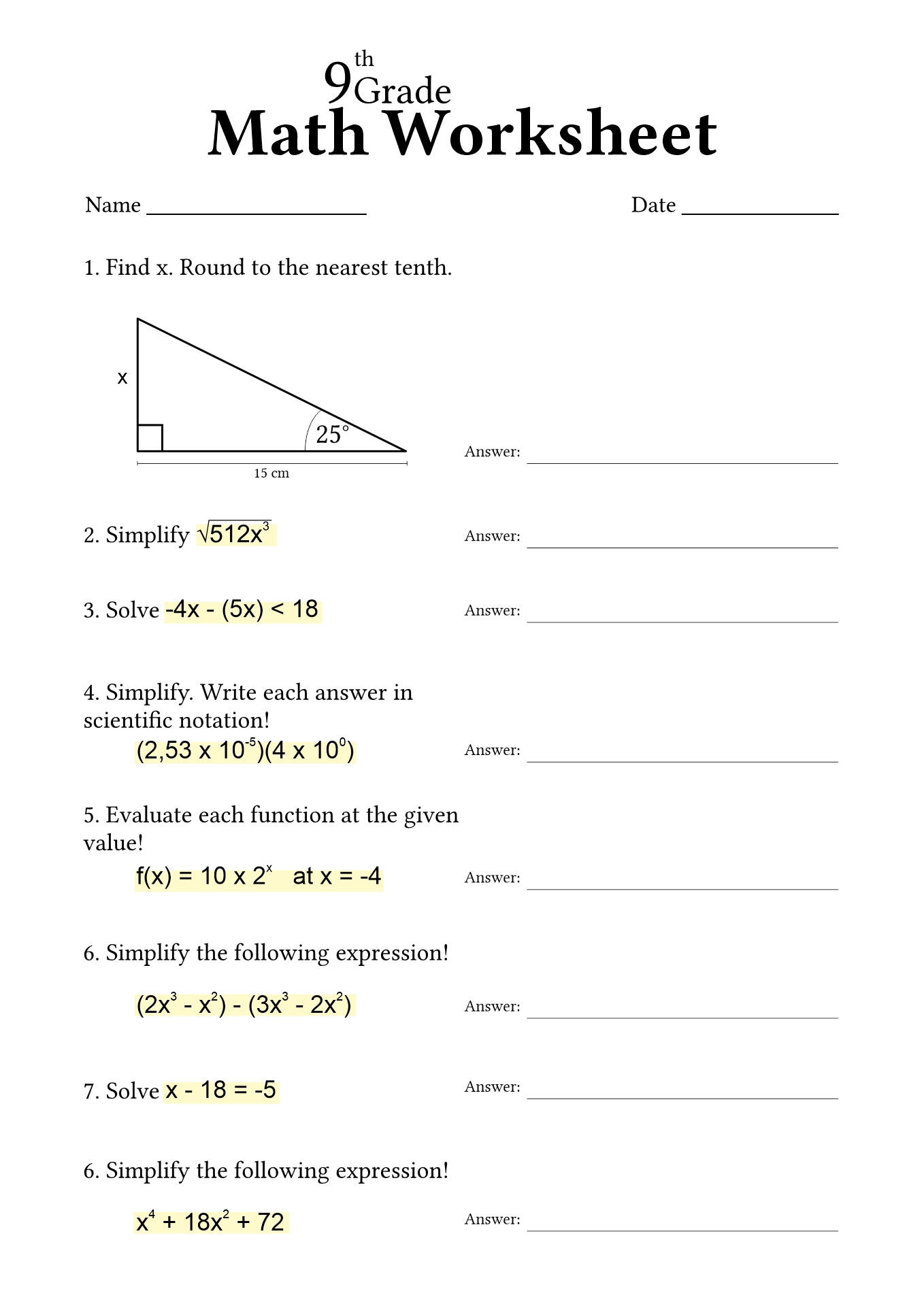 9th Grade Math Worksheets Printable