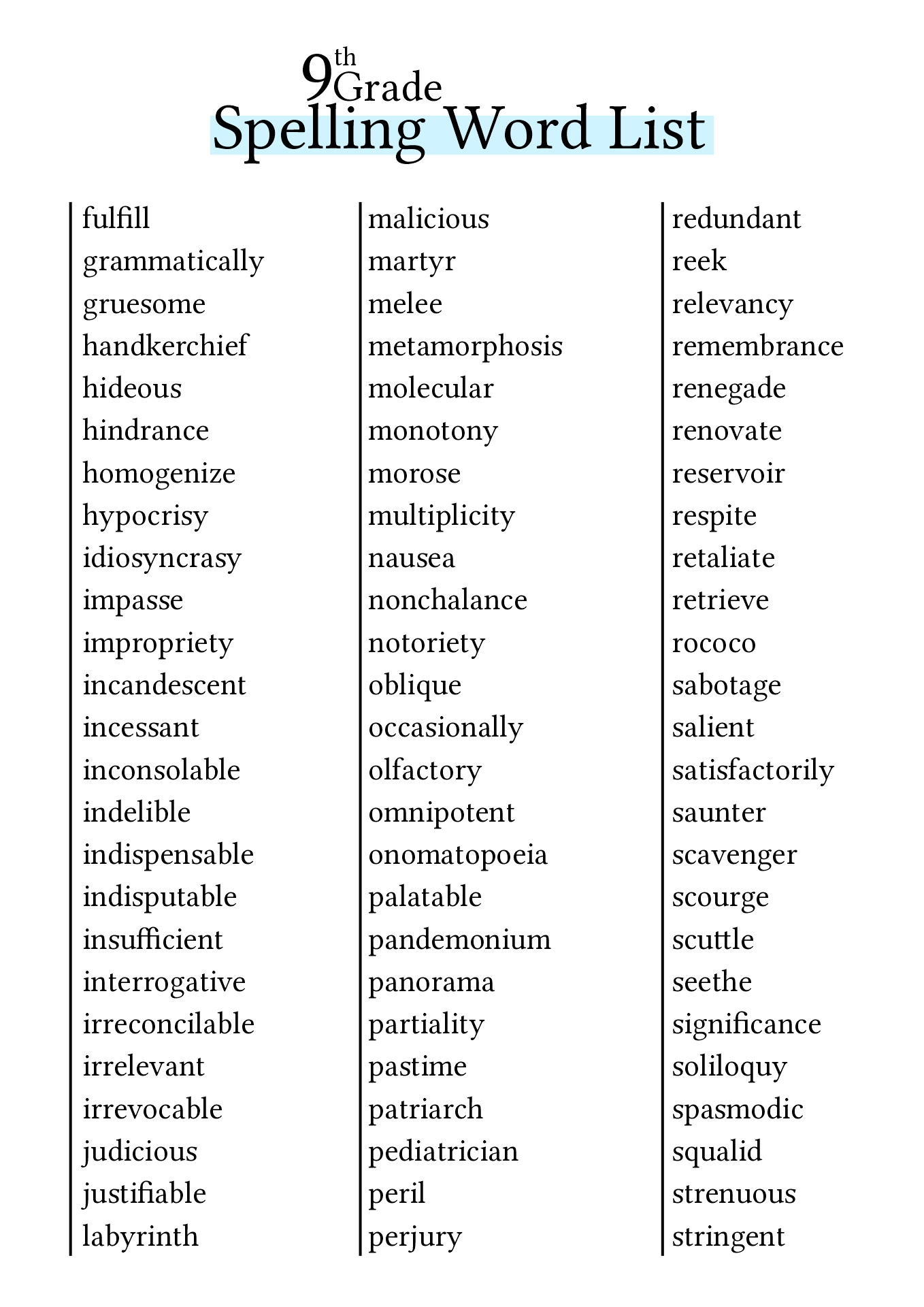 9th Grade Spelling Bee Word List