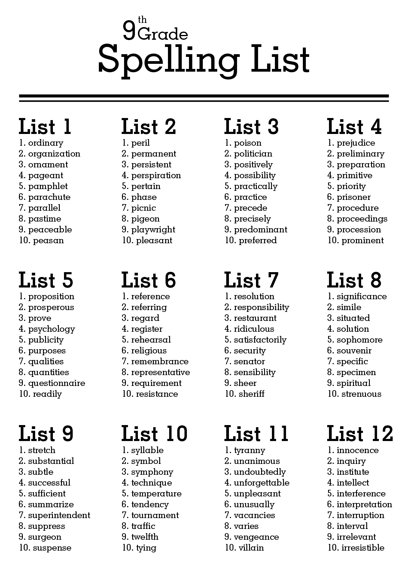 9th Grade Spelling Words List