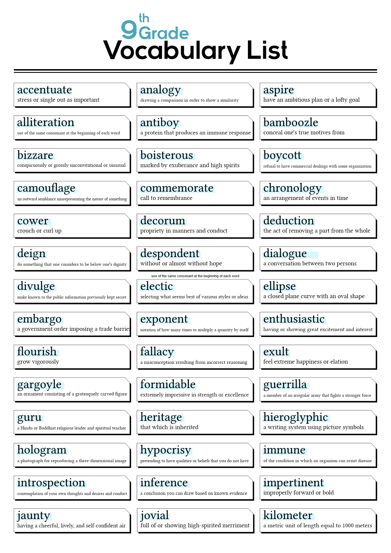9th Grade Vocabulary Word List Image
