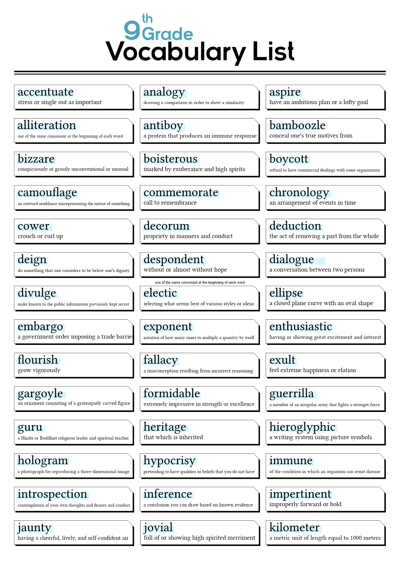 9th Grade Vocabulary Word List