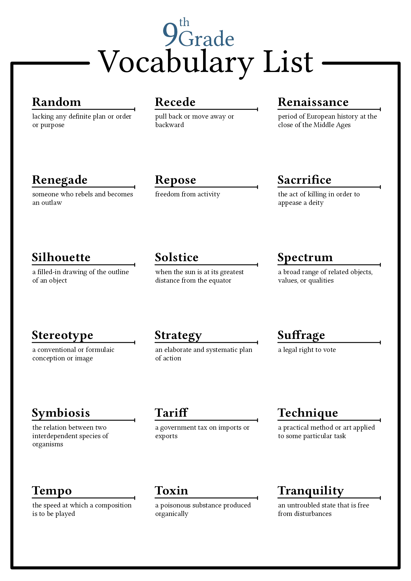 9th Grade Vocabulary Word List