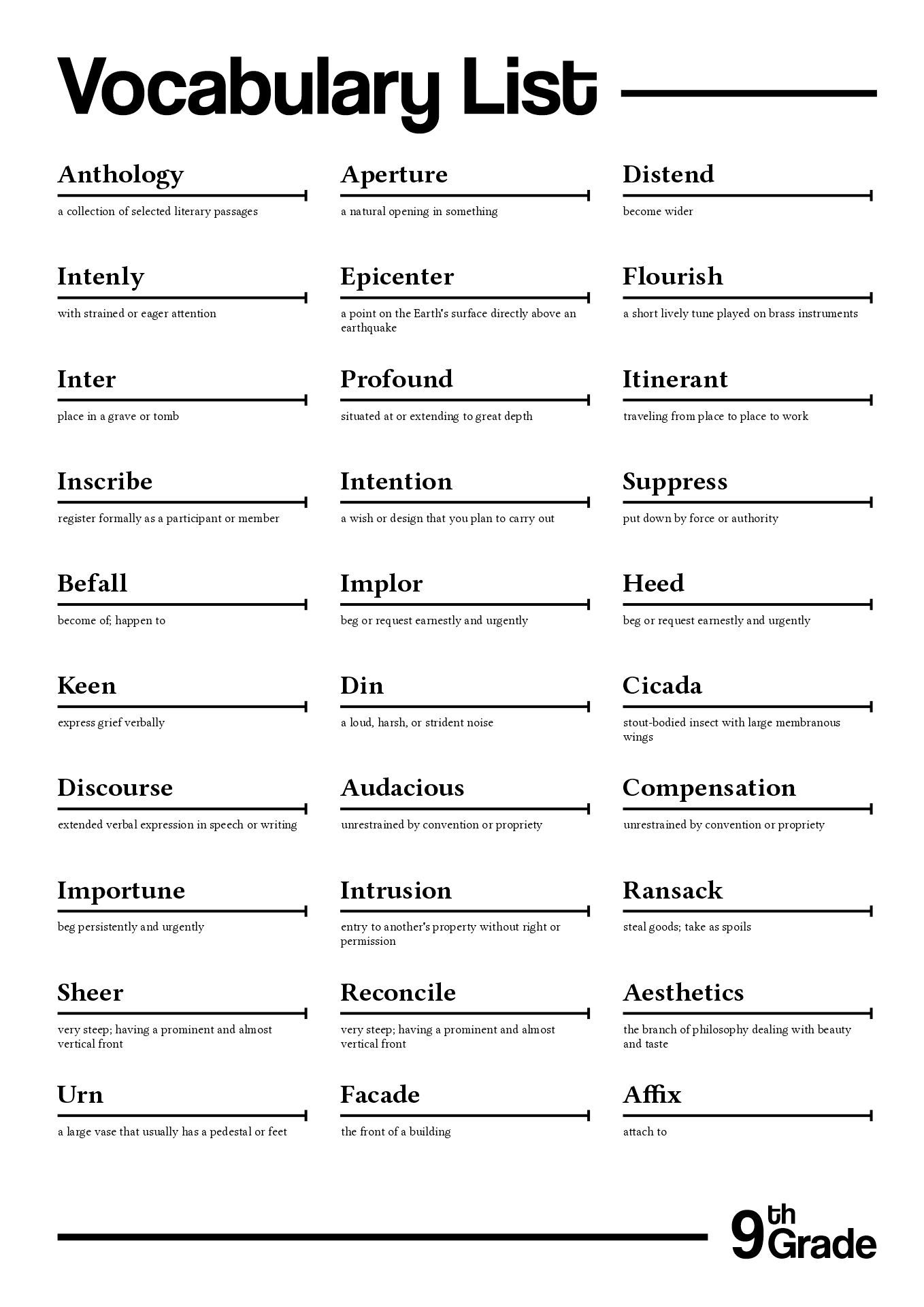 9th Grade Vocabulary Words