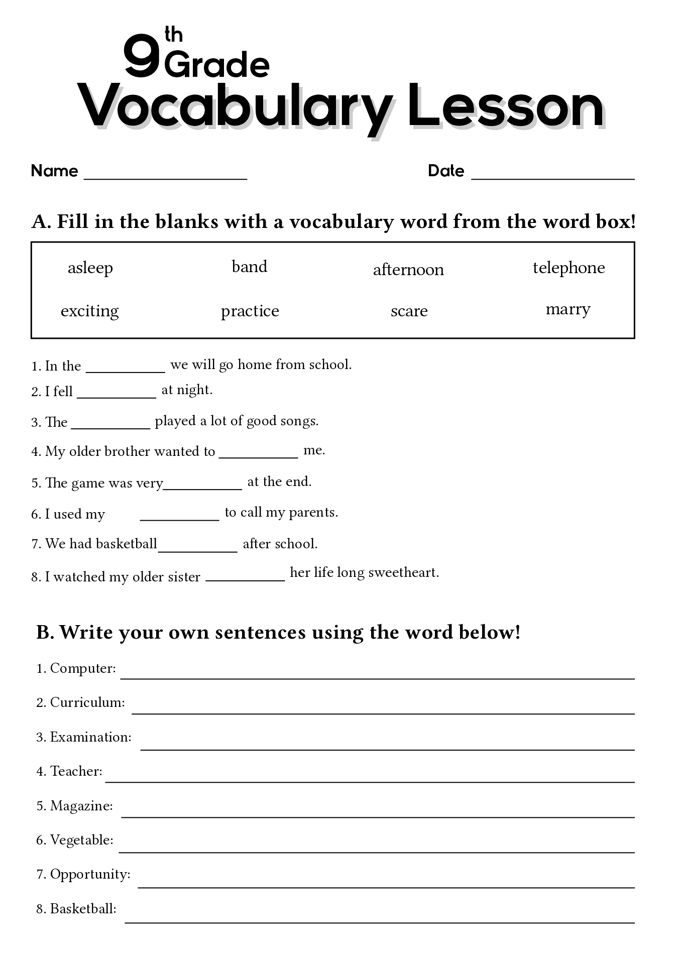 9th Grade Vocabulary Worksheets