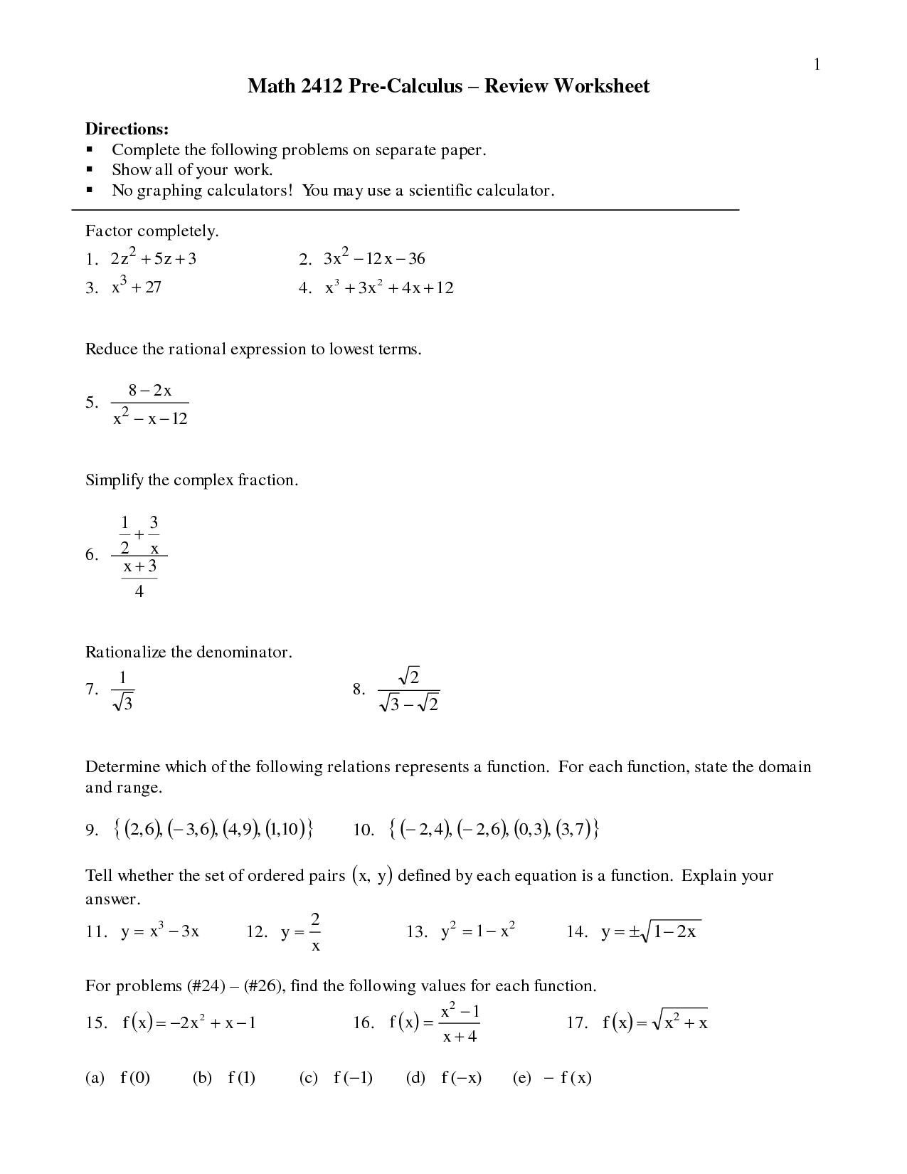 12 Pre Calculus Worksheets Worksheeto