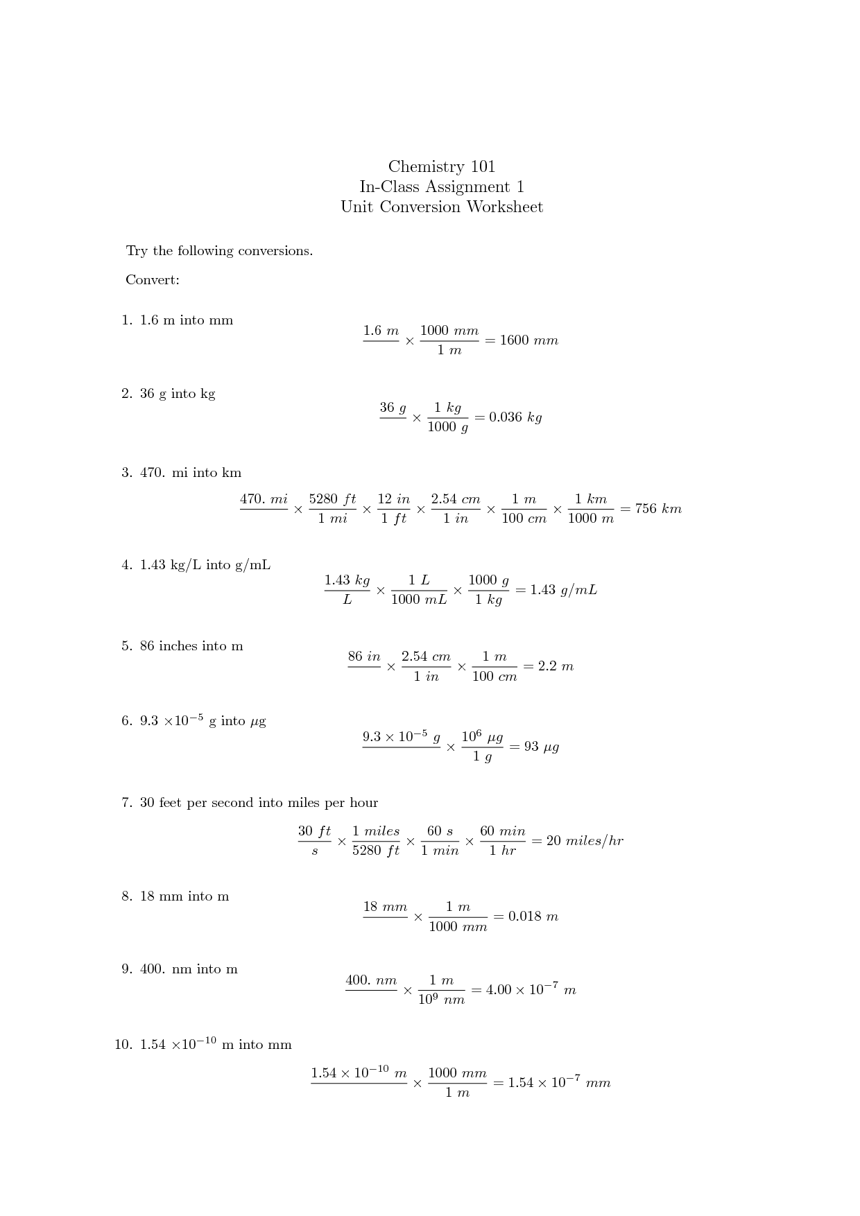 Chemistry Unit Conversions Worksheet Image
