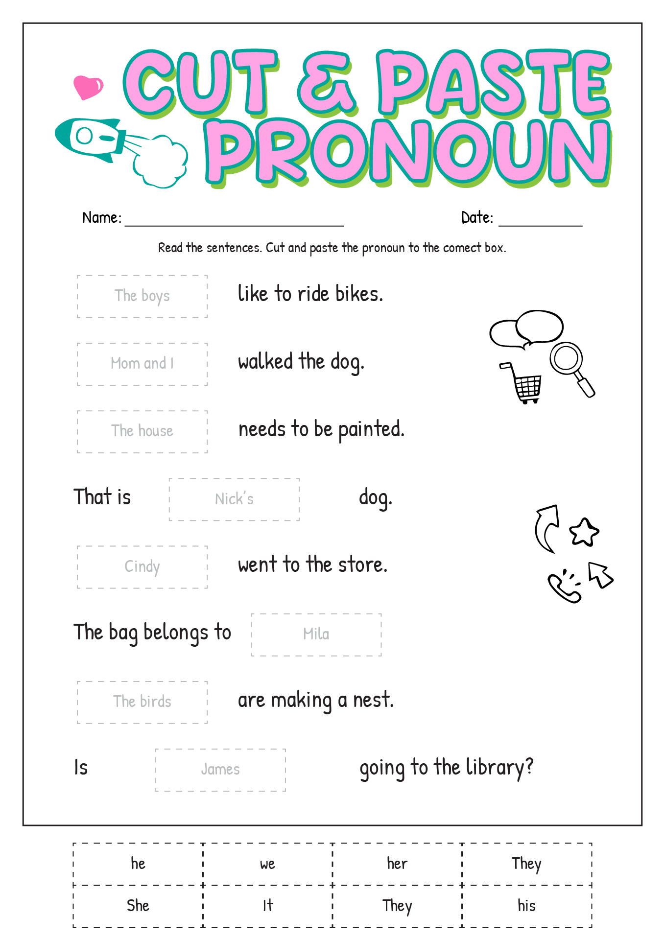 Cut and Paste Pronoun Worksheet Image