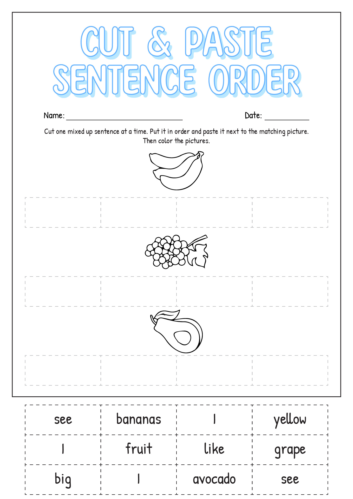 Cut and Paste Sentence Order Worksheet