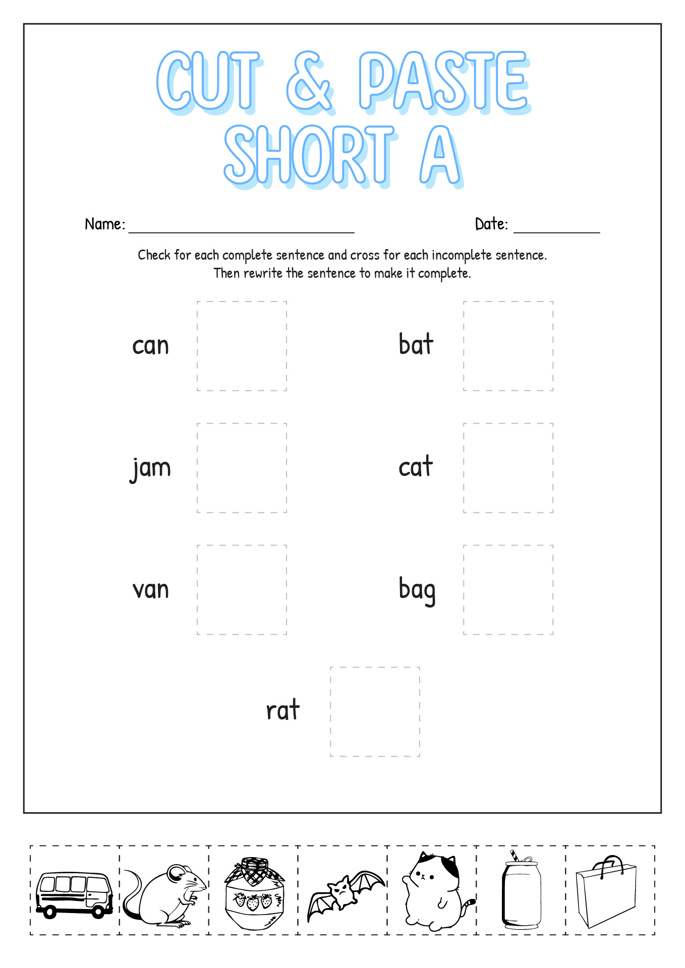 Cut and Paste Short a Worksheets