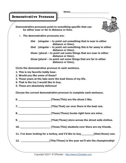 Demonstrative Pronoun Worksheet For Grade 1
