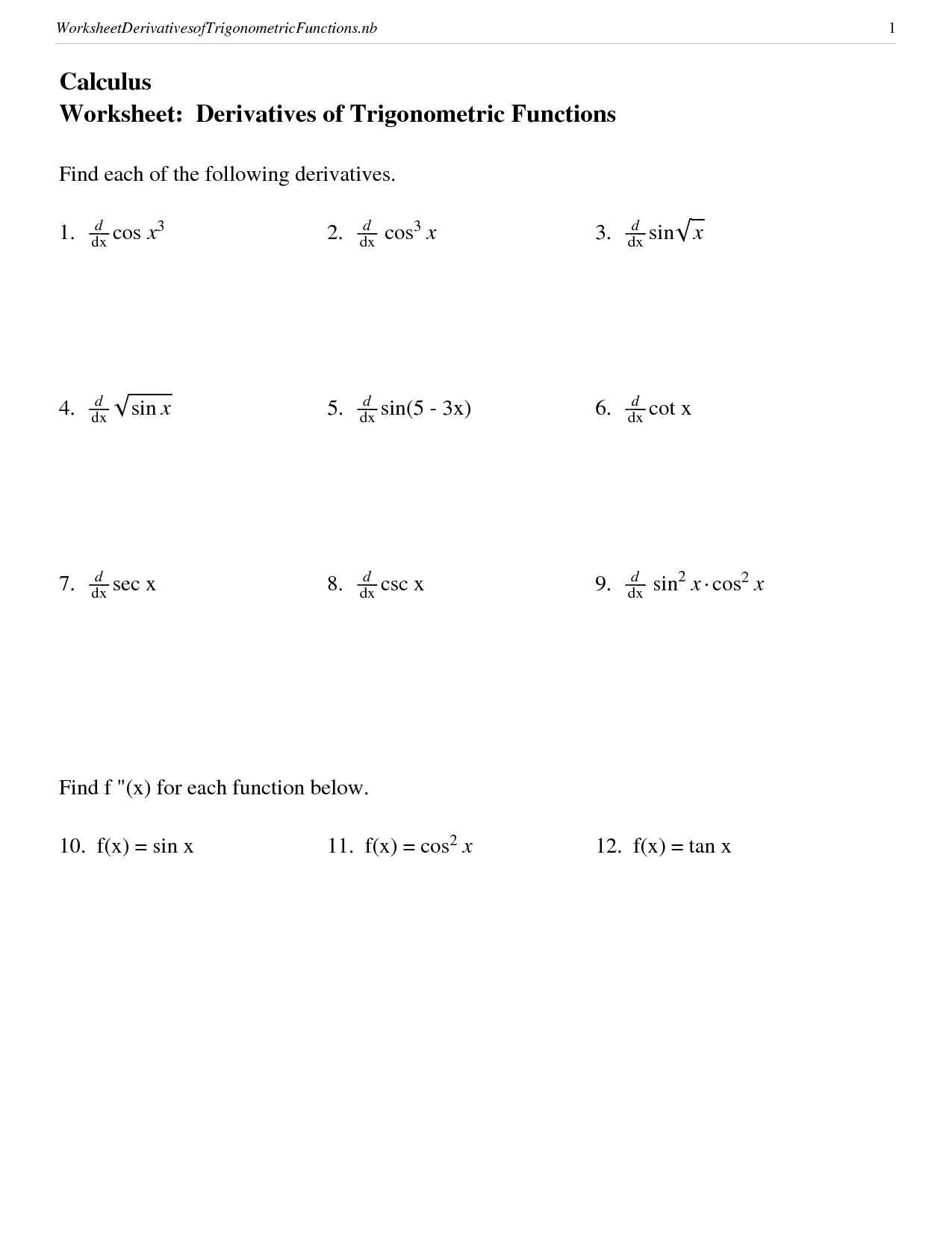 Derivative Of Inverse Trig Functions Worksheet Multiple Choice Pdf