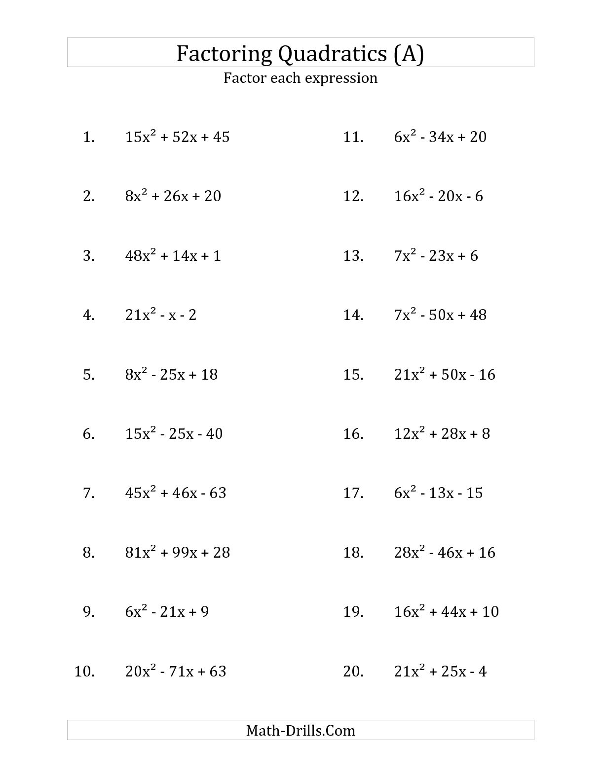 Free Factoring Worksheet With Algebra 2 Factoring Worksheet
