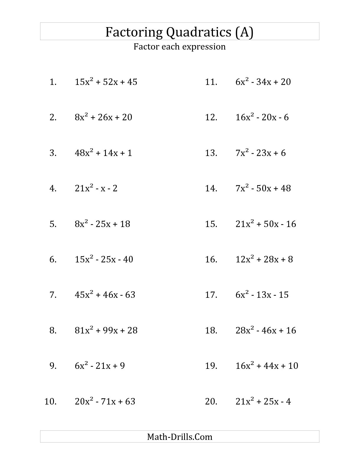 Misc Factoring Worksheet Printable