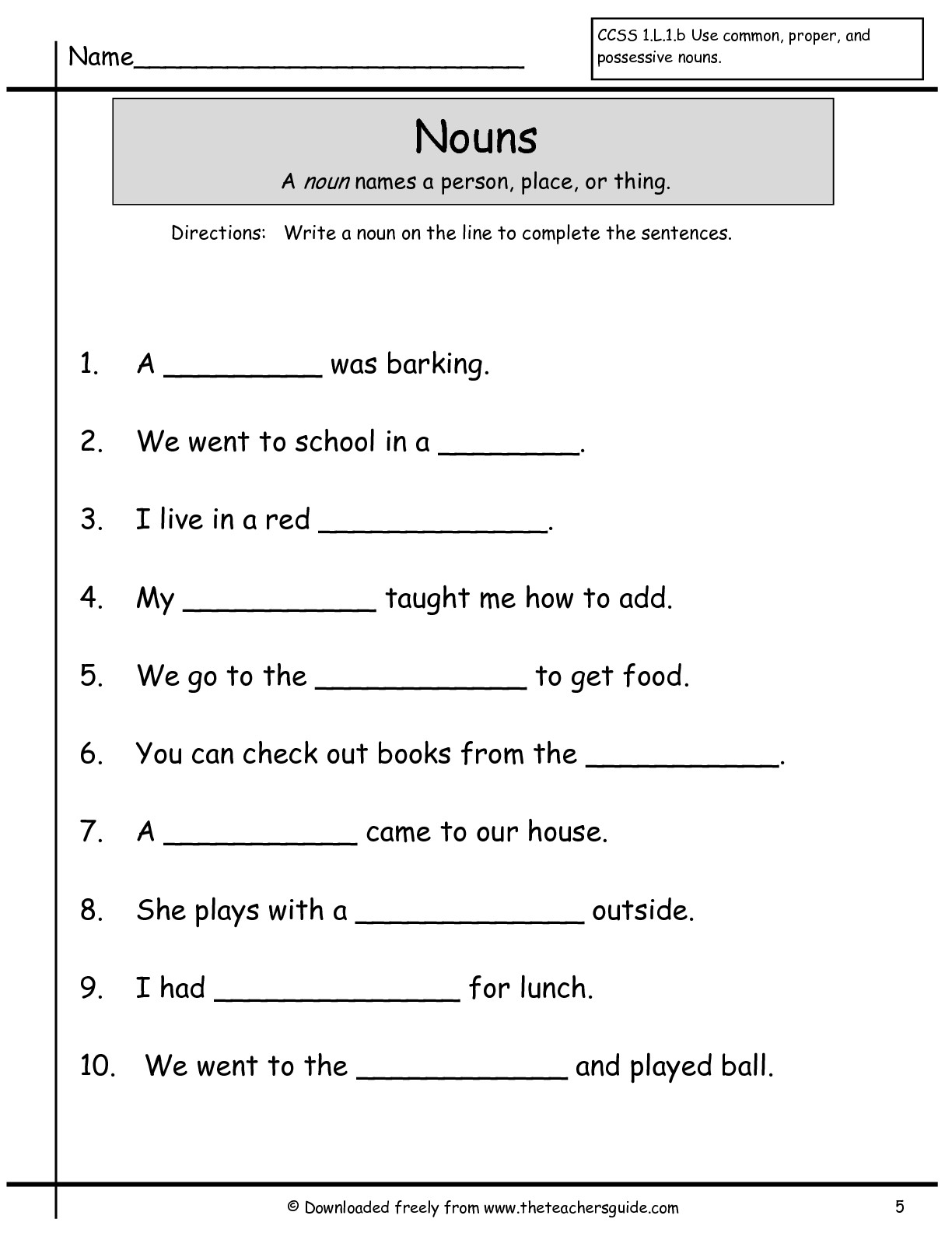 First Grade Noun Worksheets