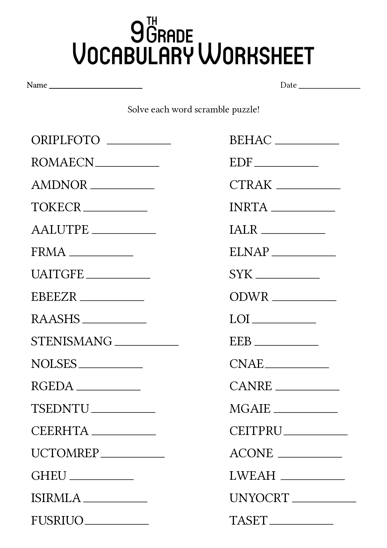 Free 9th Grade Vocabulary Worksheets Image