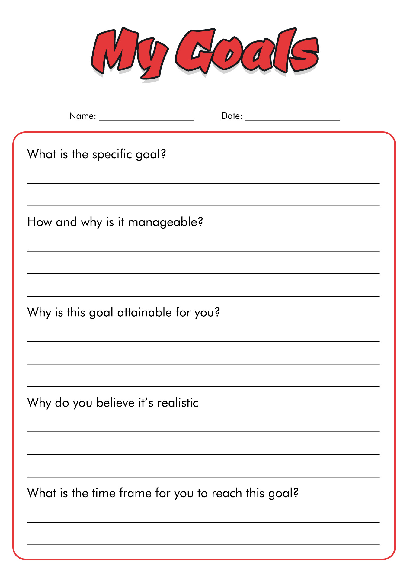 Goal Setting Sheets for High School Students