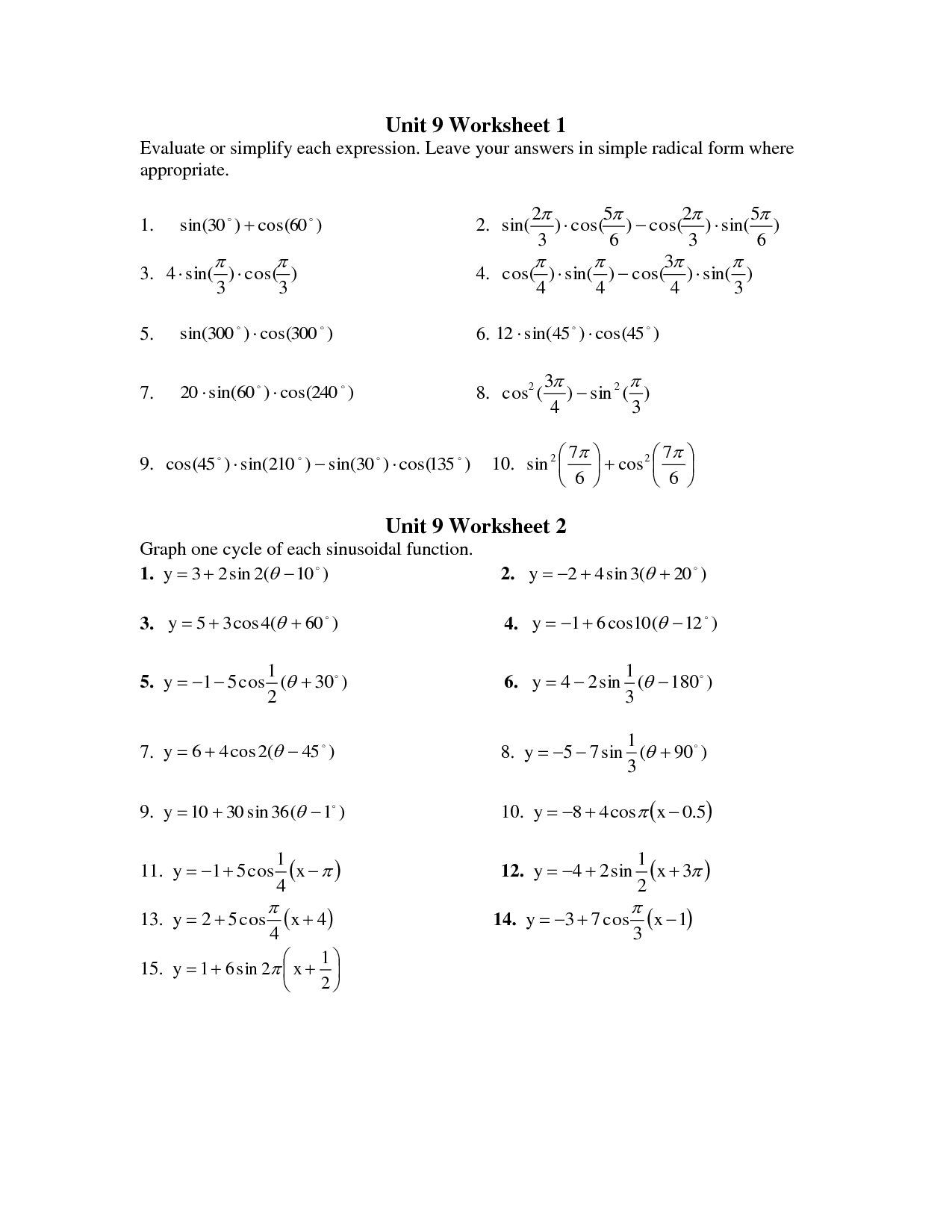 Precalculus Worksheets With Answers Pdf