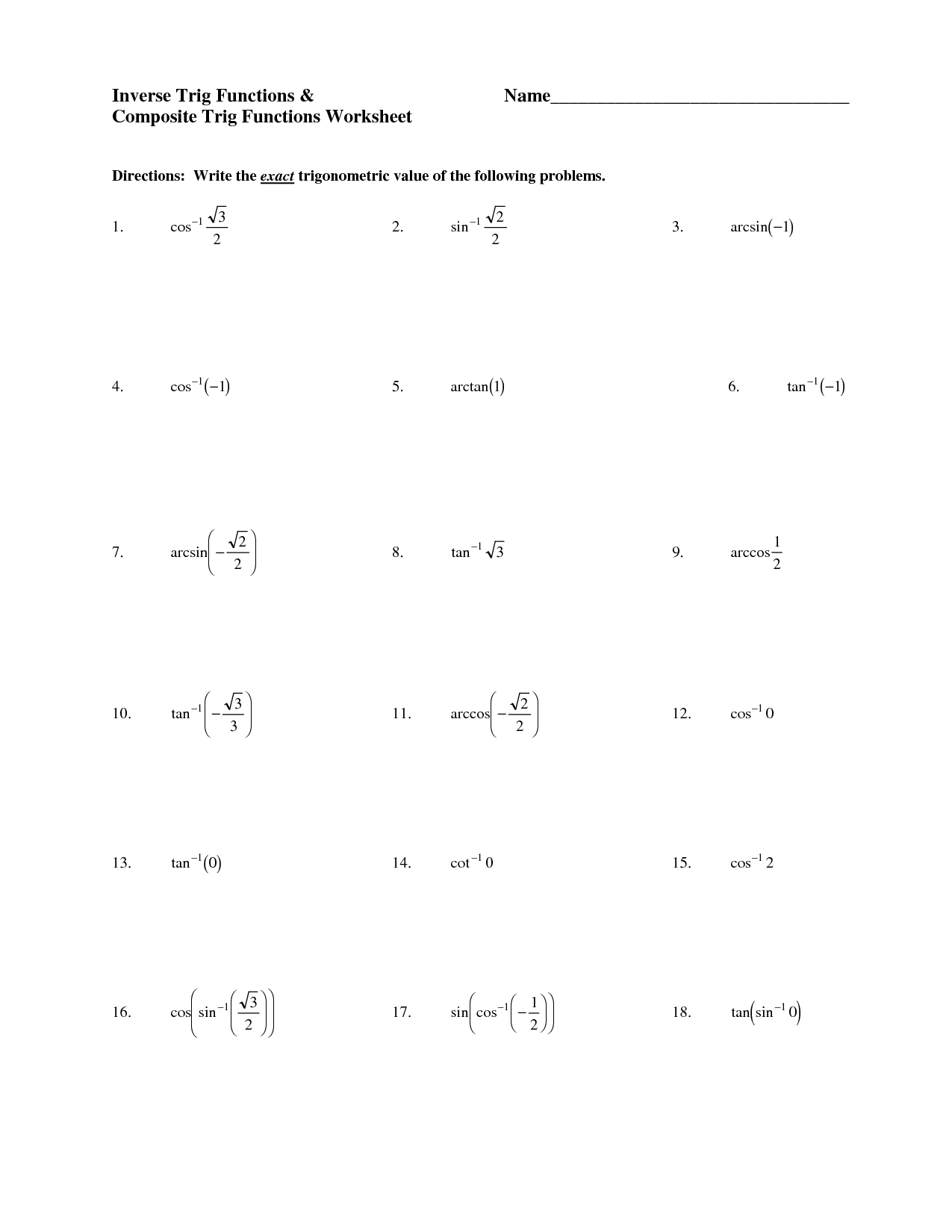 Evaluating Trig Functions Of Any Angle Worksheet Answers