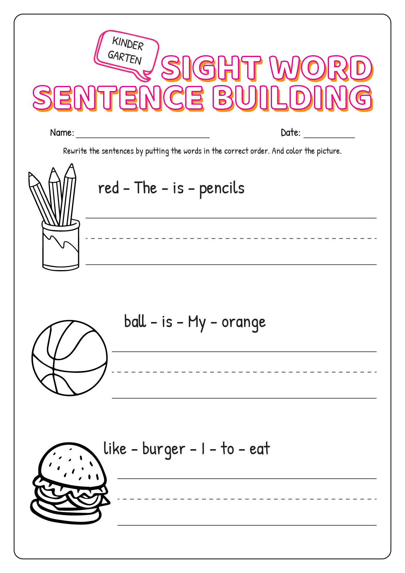 Kindergarten Sight Word Sentence Building