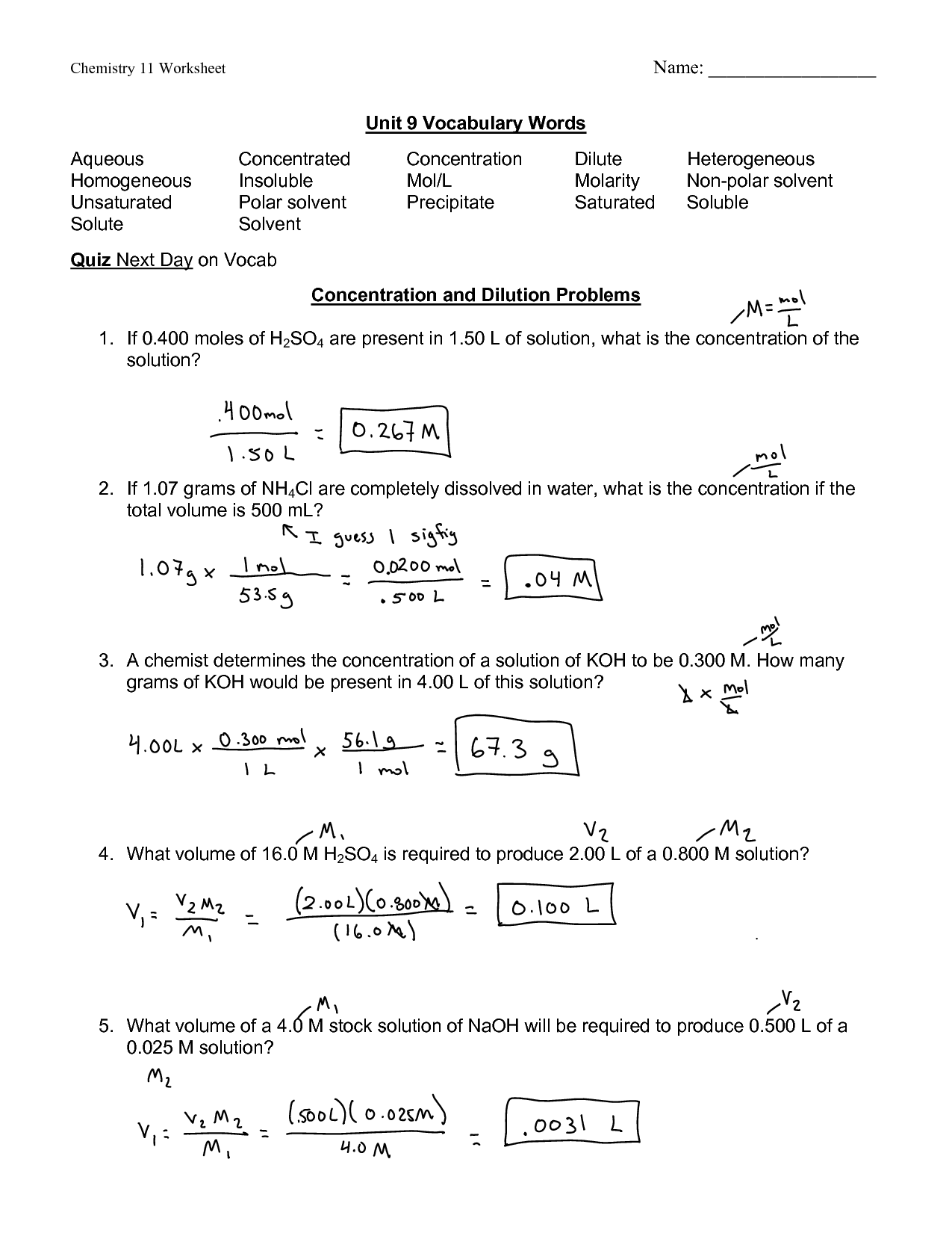 Molarity And Dilution Practice Worksheet Answers