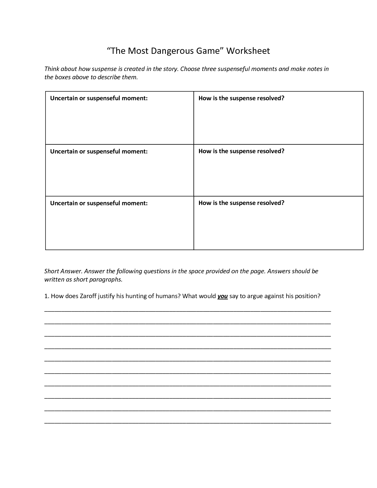 Most Dangerous Game Worksheet Answers Image