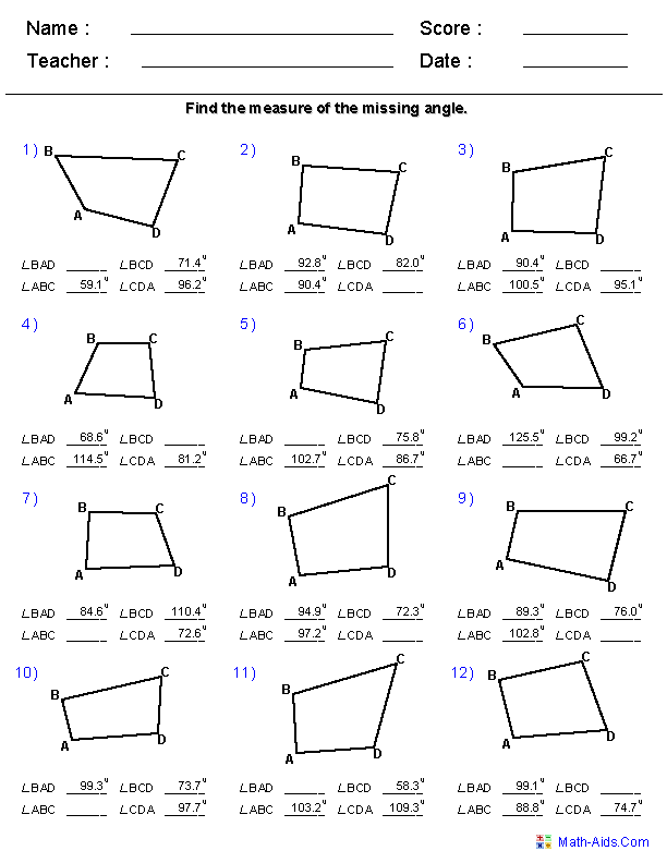 Quadrilateral Angles Worksheet Image