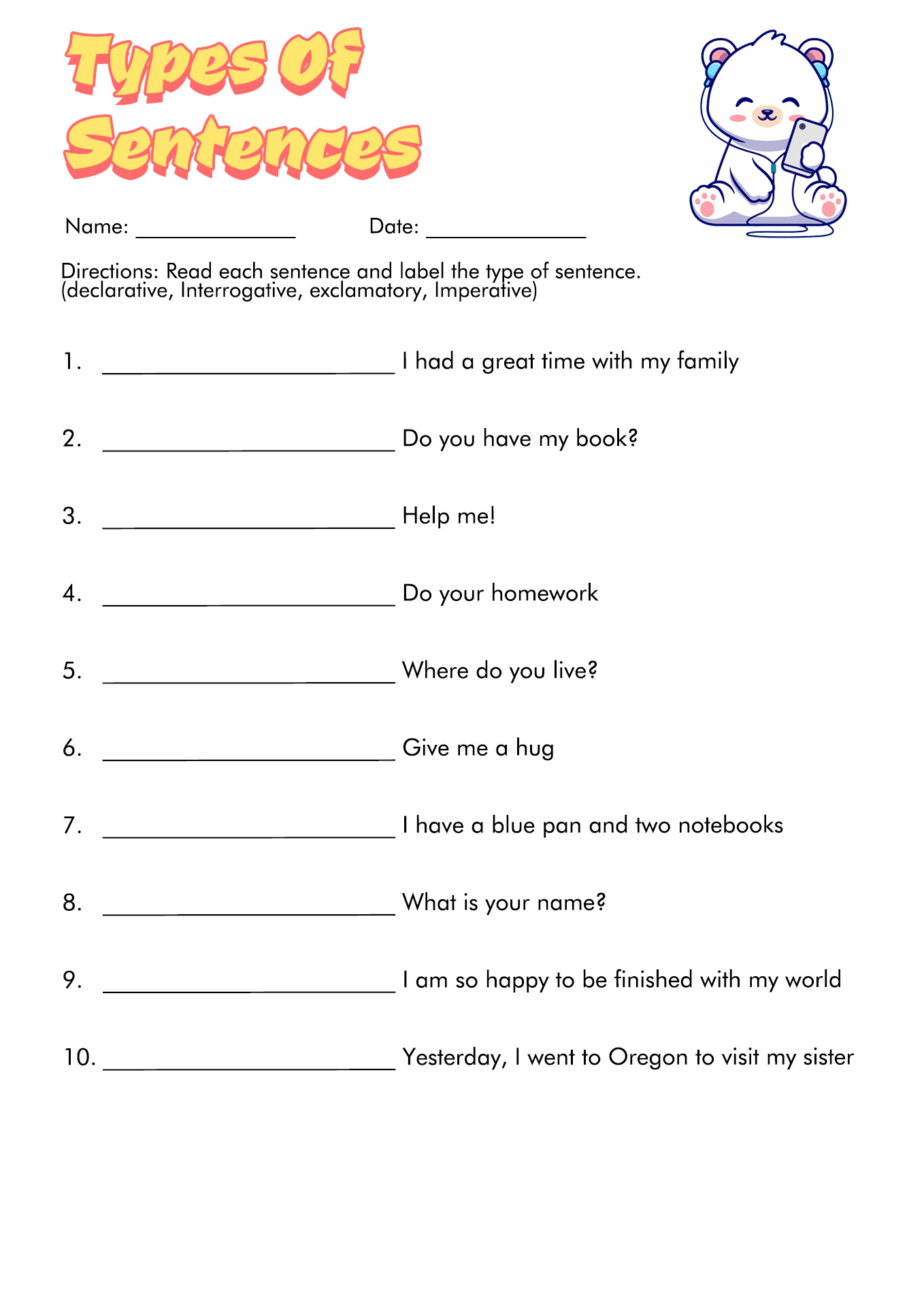 Four Types Of Sentences Worksheet Types Of Sentences Worksheets Hot 