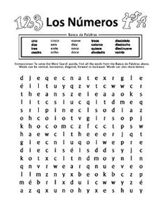 Spanish Numbers Word Search Puzzles Image