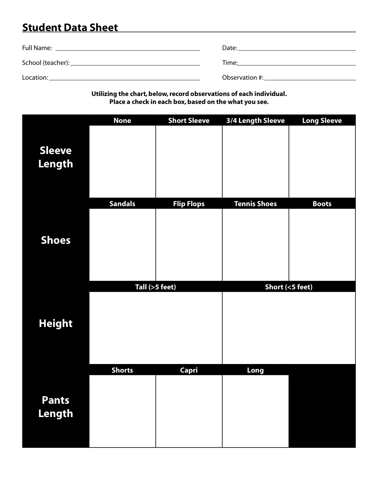 Student Data Collection Sheet Image