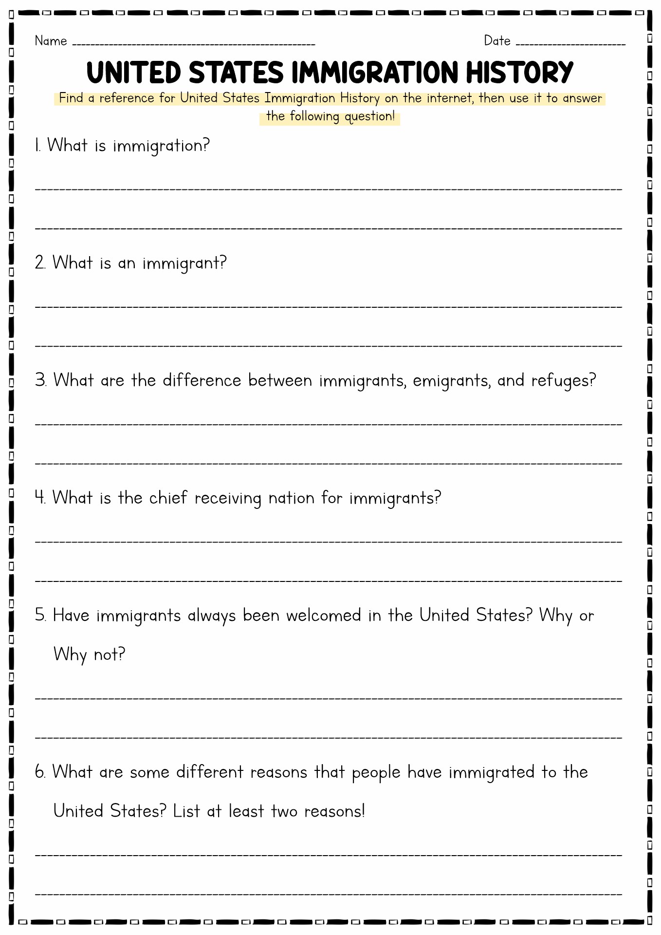 Student Worksheet Immigration History United States Image