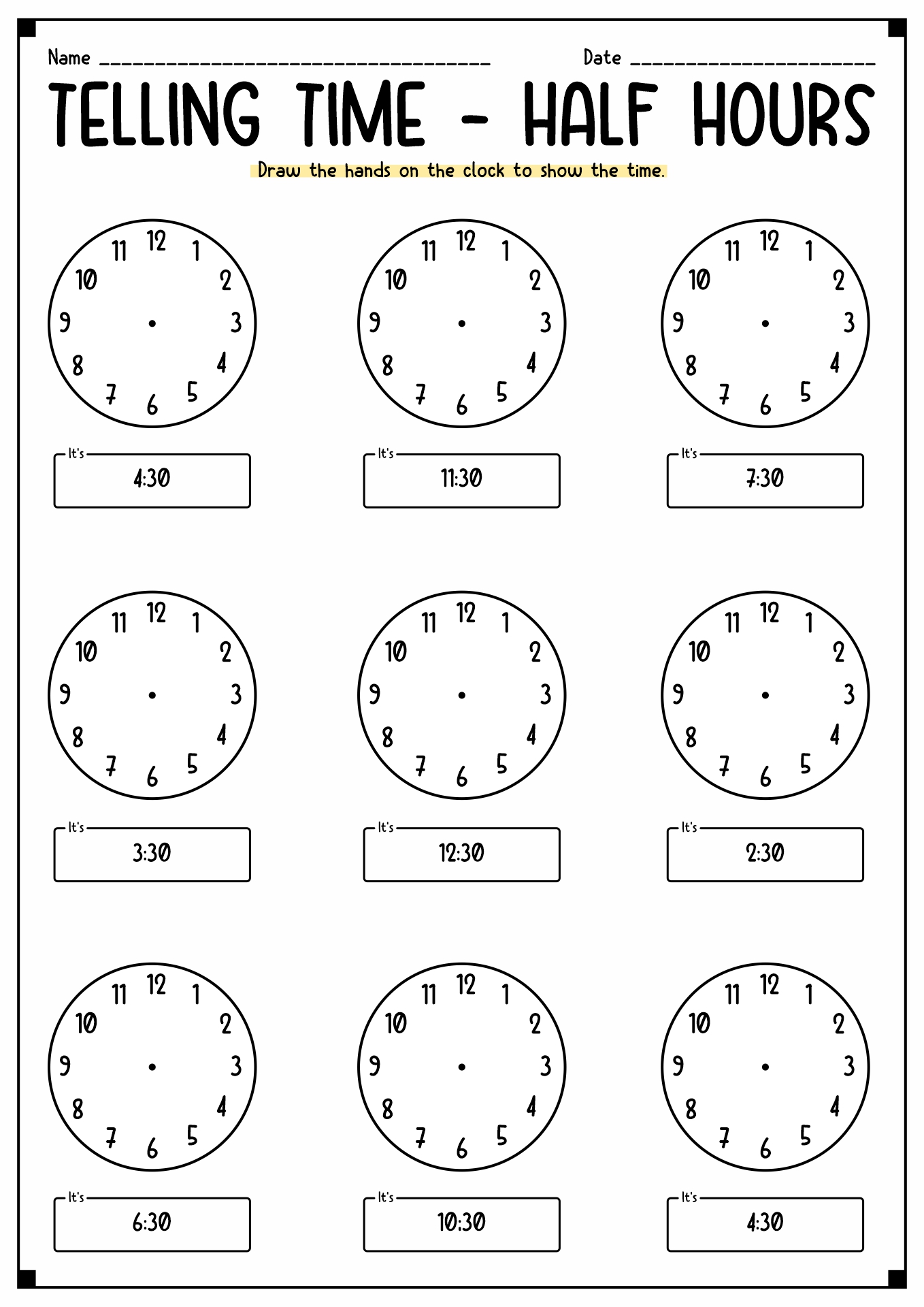 Telling Time Worksheets Half Hour Image