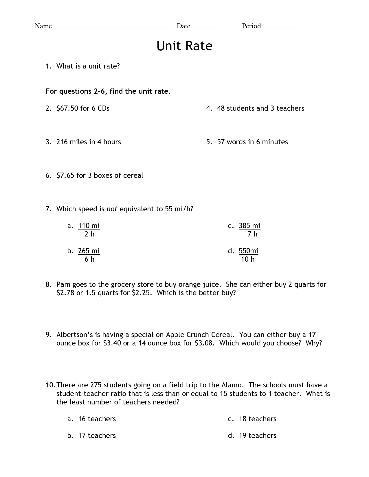 solving unit rate problems worksheet
