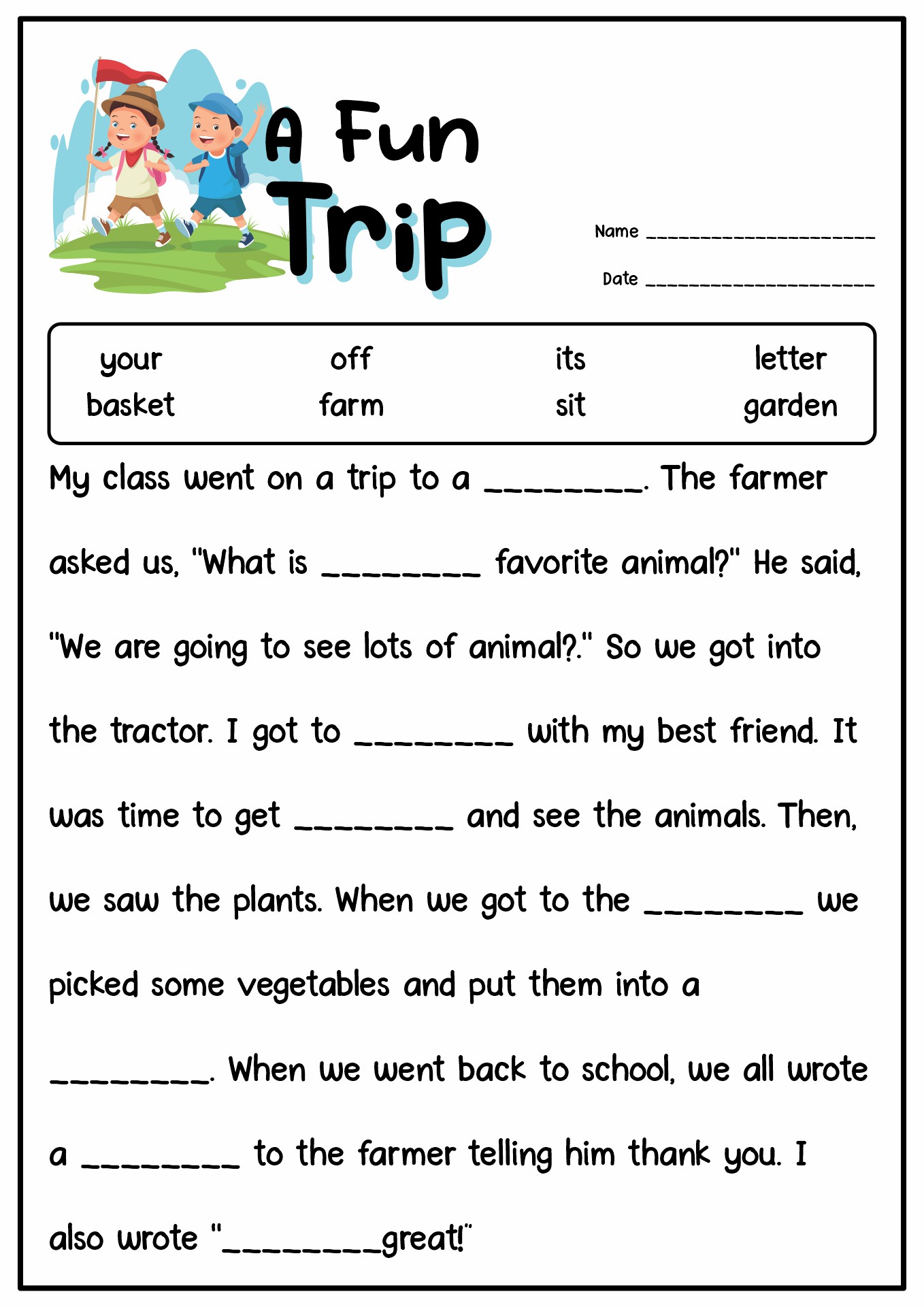 1st Grade Fill in the Blank Stories