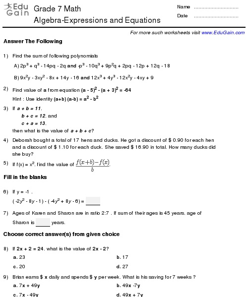 7 Grade Math Worksheets Algebraic Expressions Image