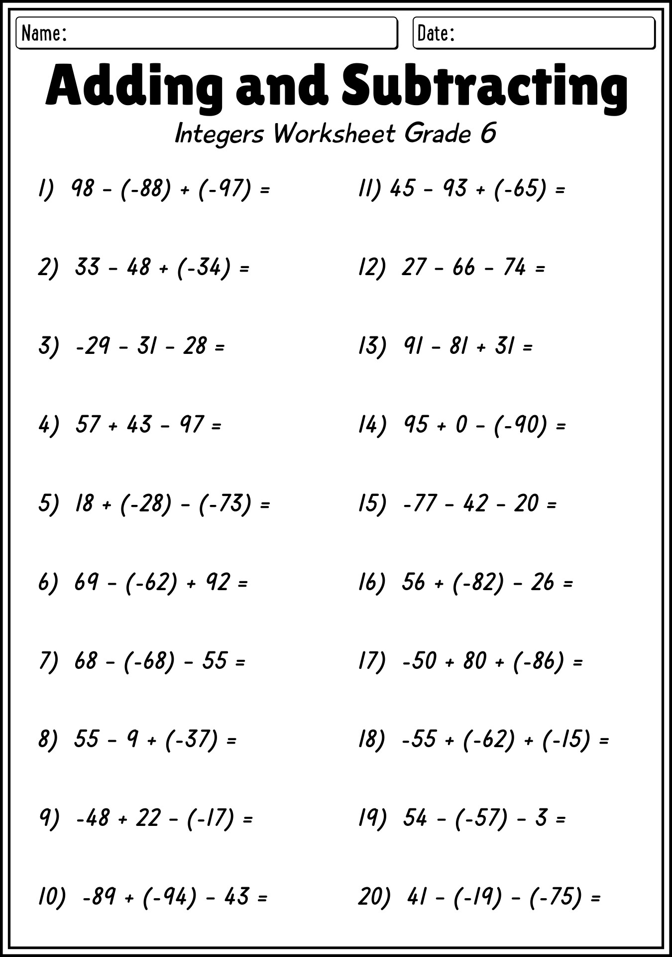 Bedmas integers worksheet grade 8