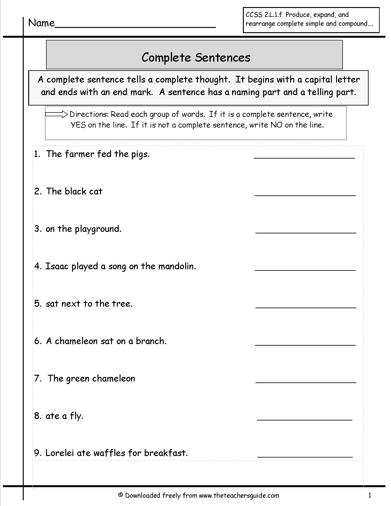 Complete Sentences Worksheets