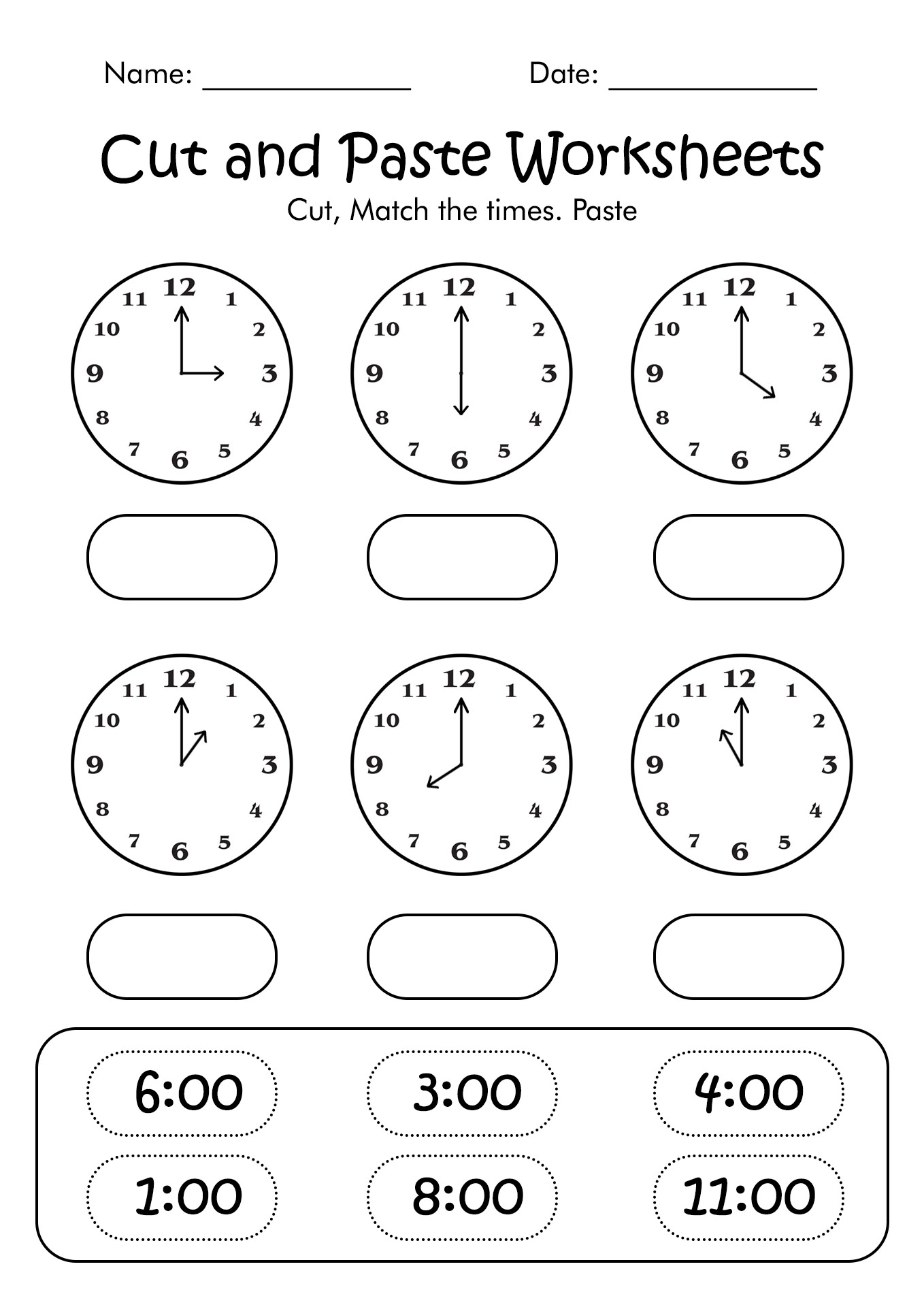 Cut and Paste Clock Worksheets