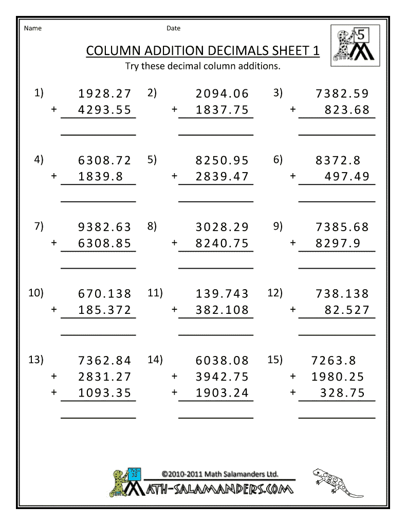 Decimal Addition Worksheets Grade 5 Math Image