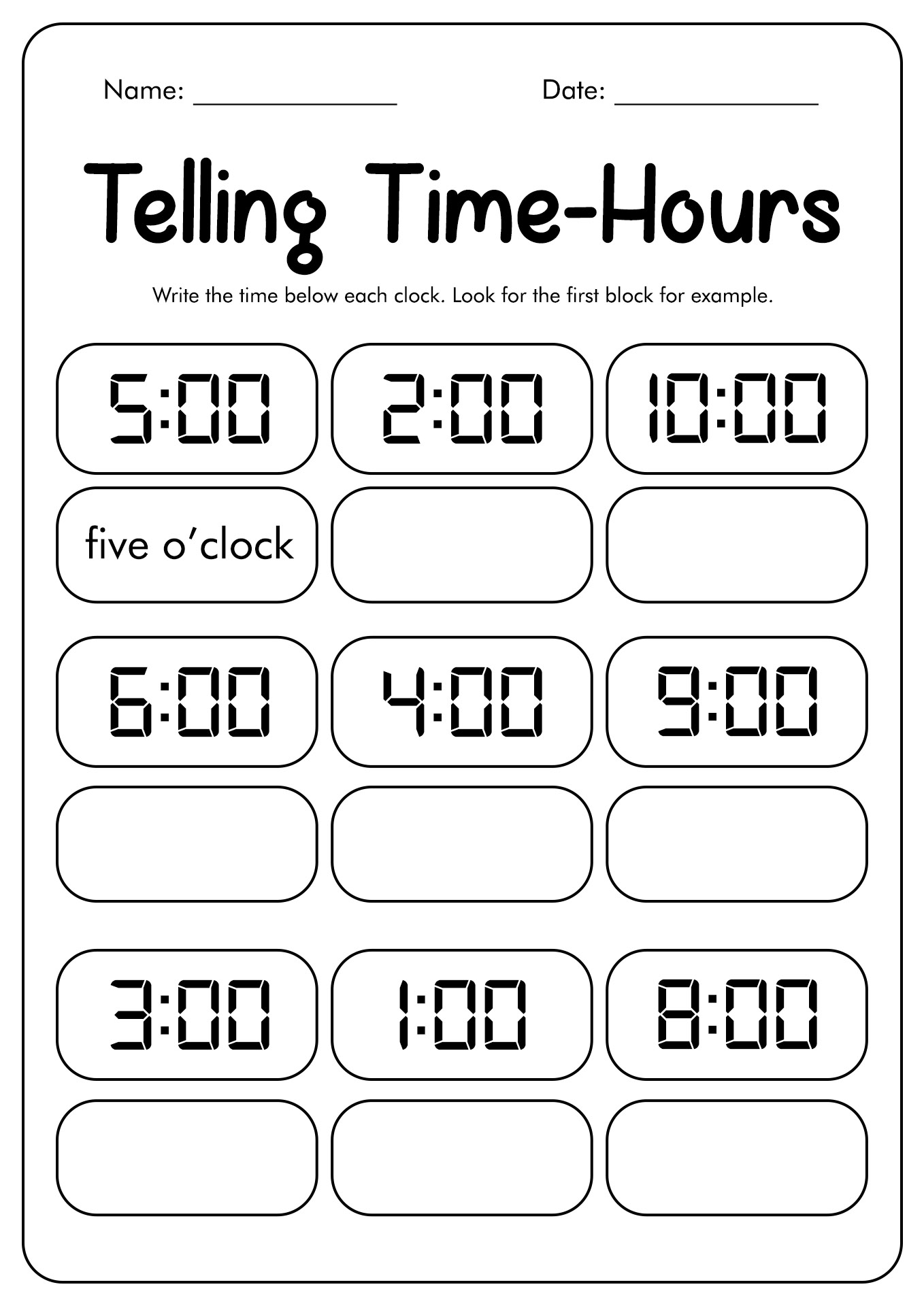 Digital Clock Time Worksheet