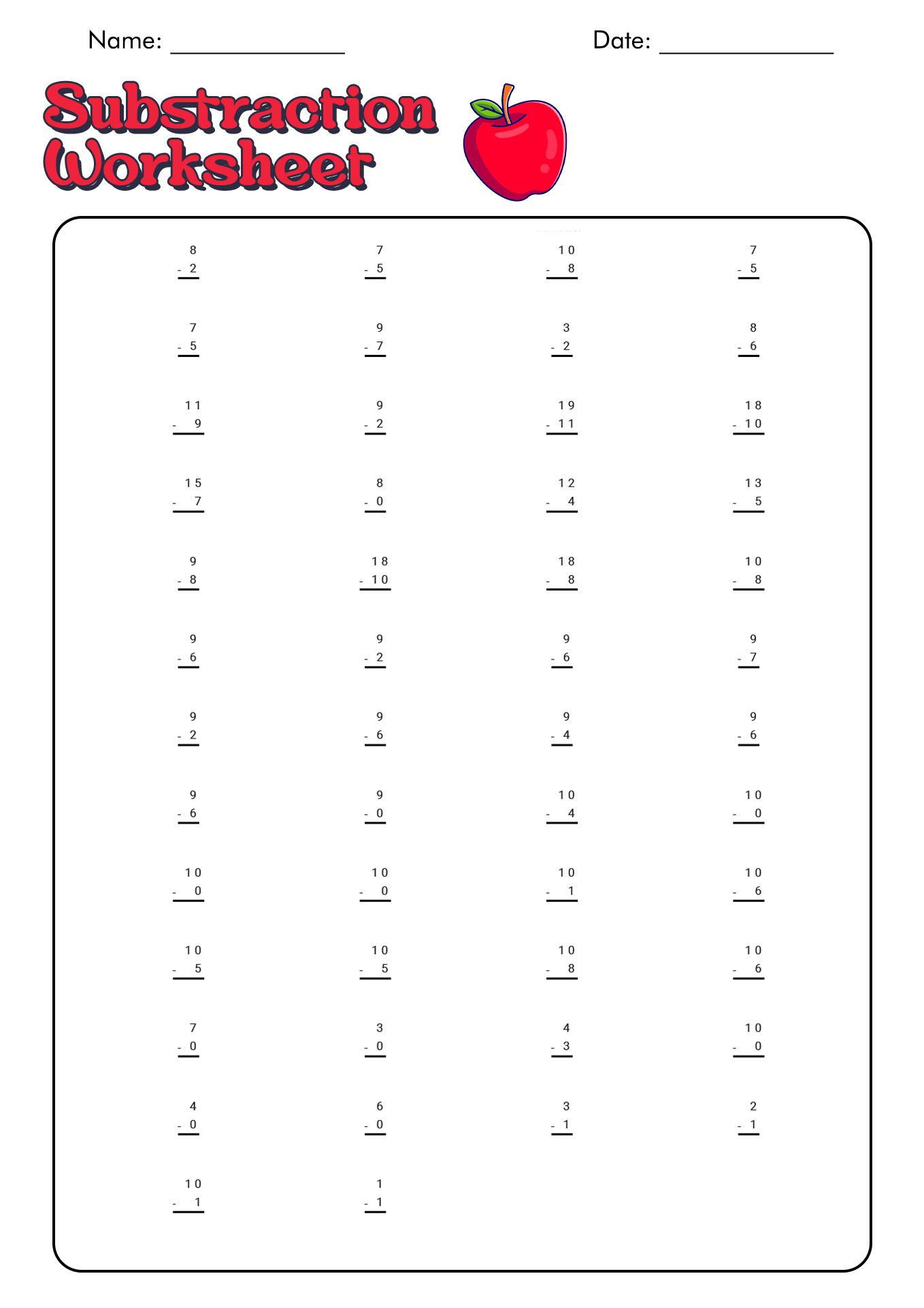 First Grade Subtraction Timed Test Worksheets Image