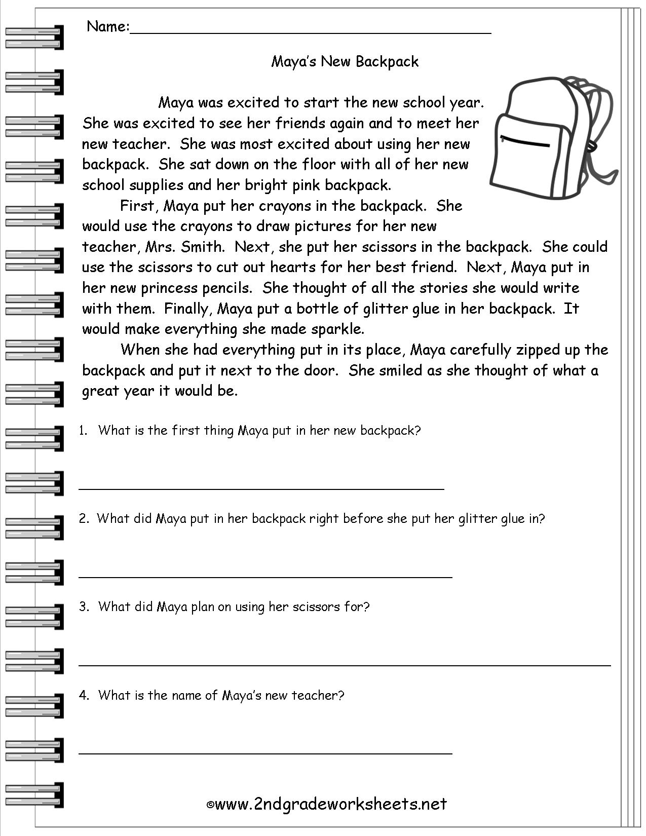 Printable Reading Worksheets with Questions