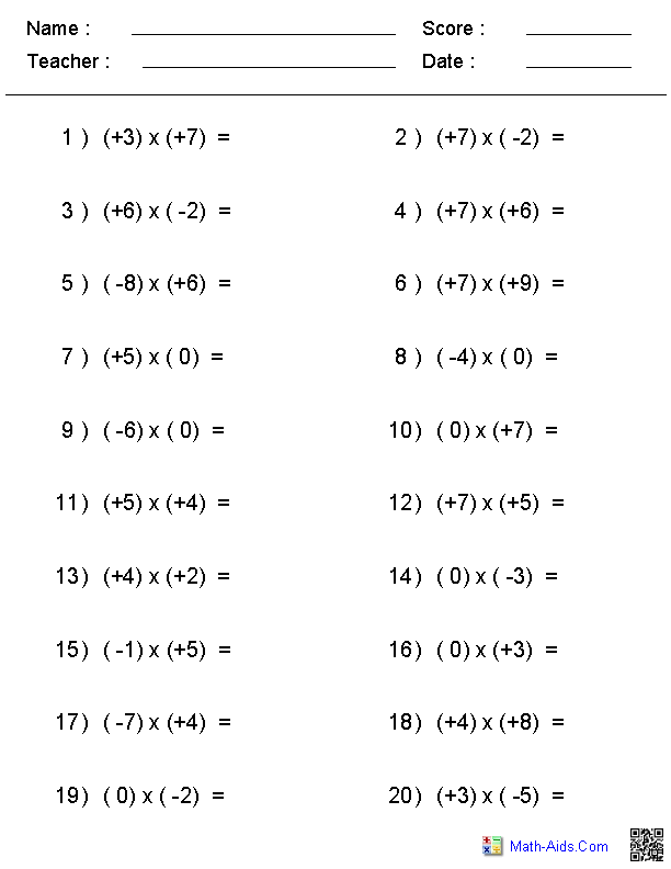 Multiplying Dividing Negative Numbers Worksheet