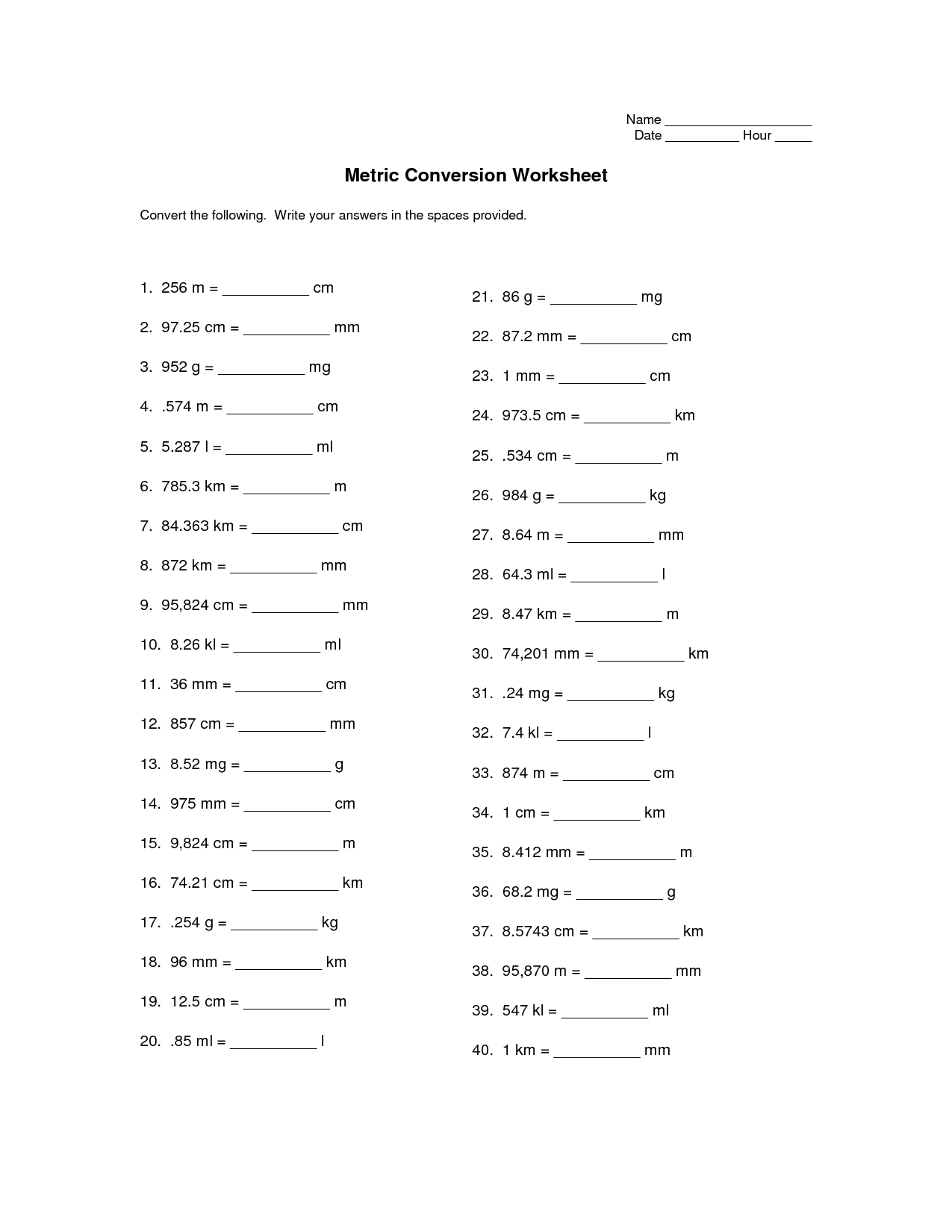 Metric Conversions Worksheet with Answers Image