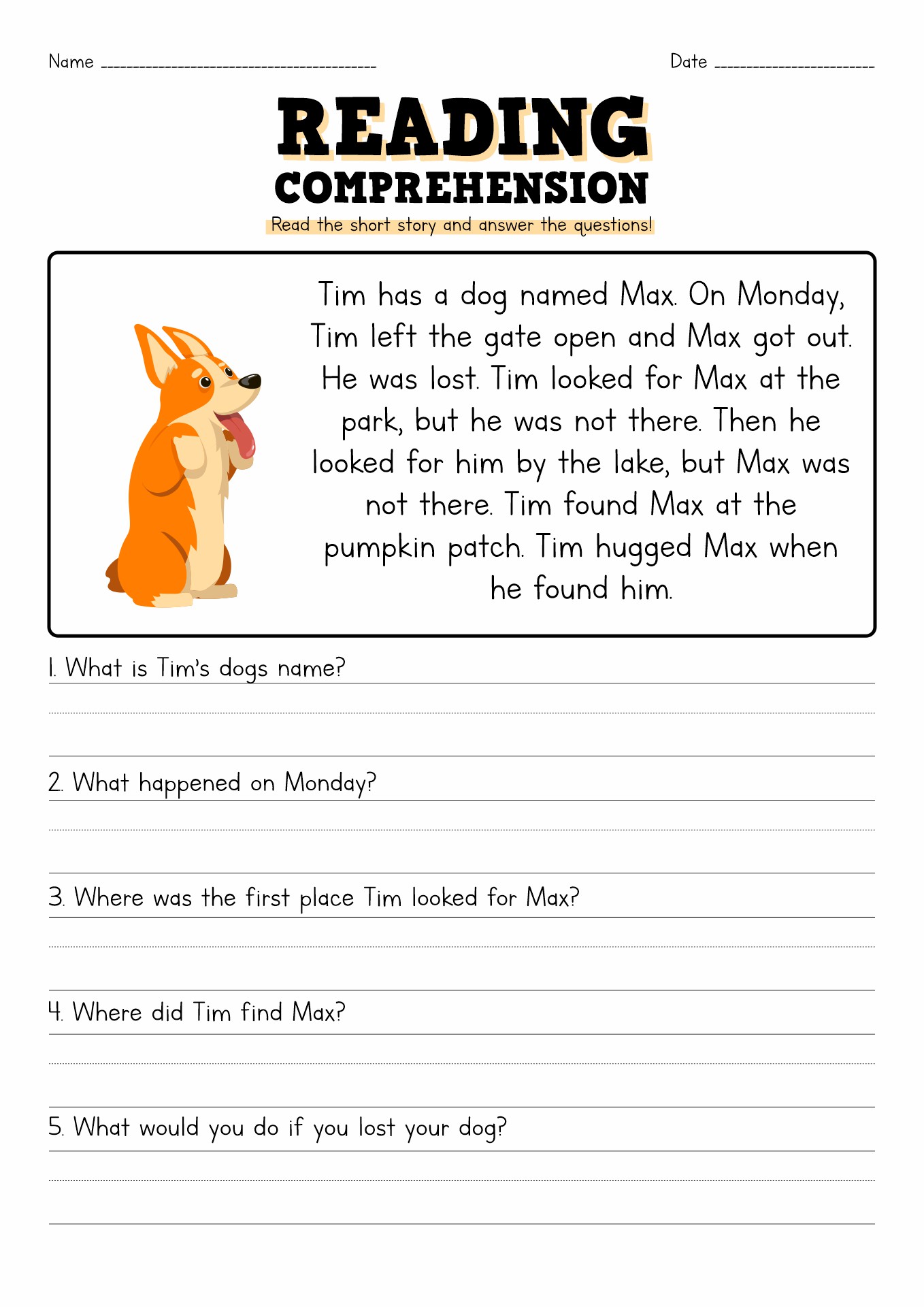 Short Story with Questions 2nd Grade Reading Comprehension