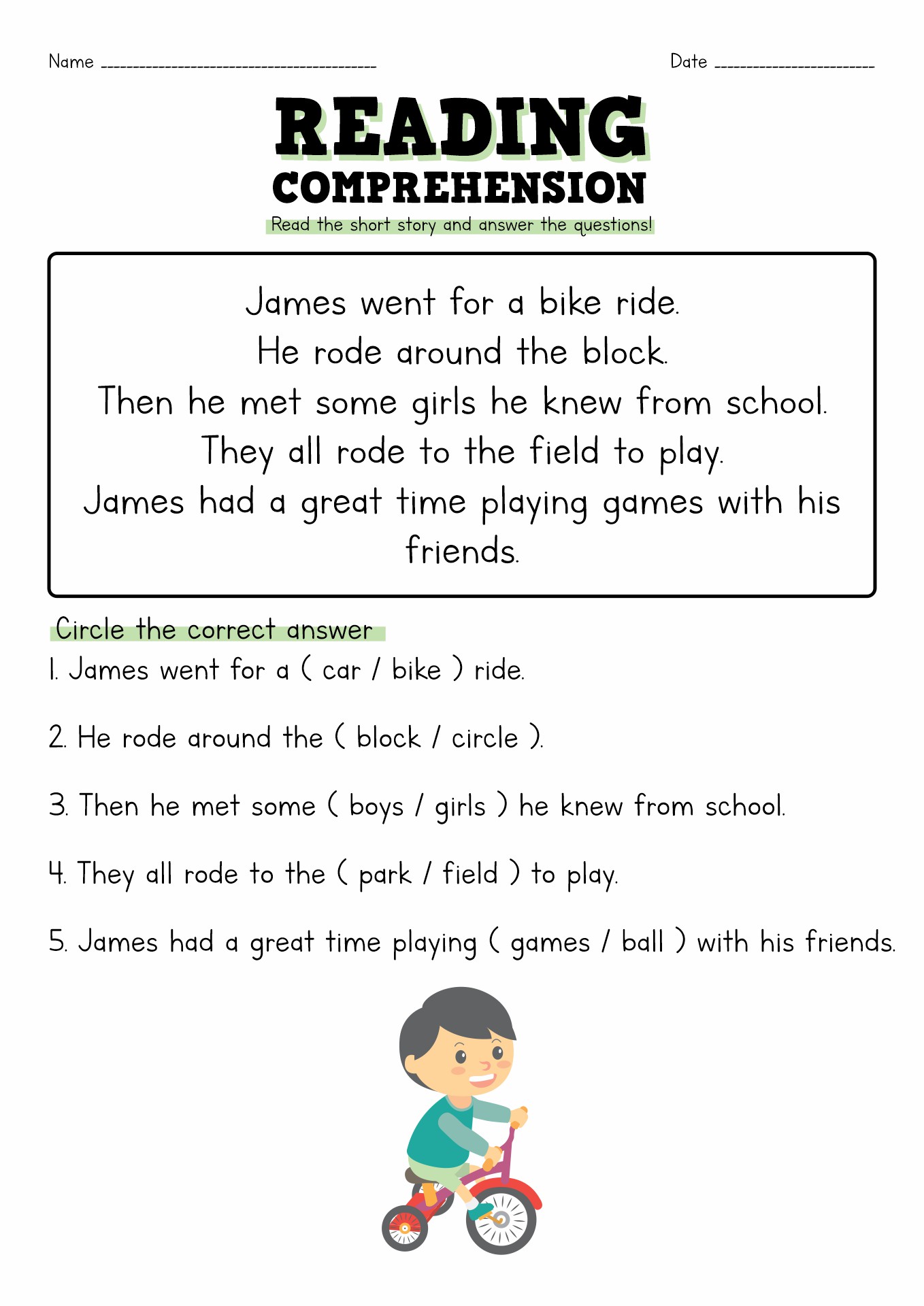 Short Story with Questions Worksheets Image