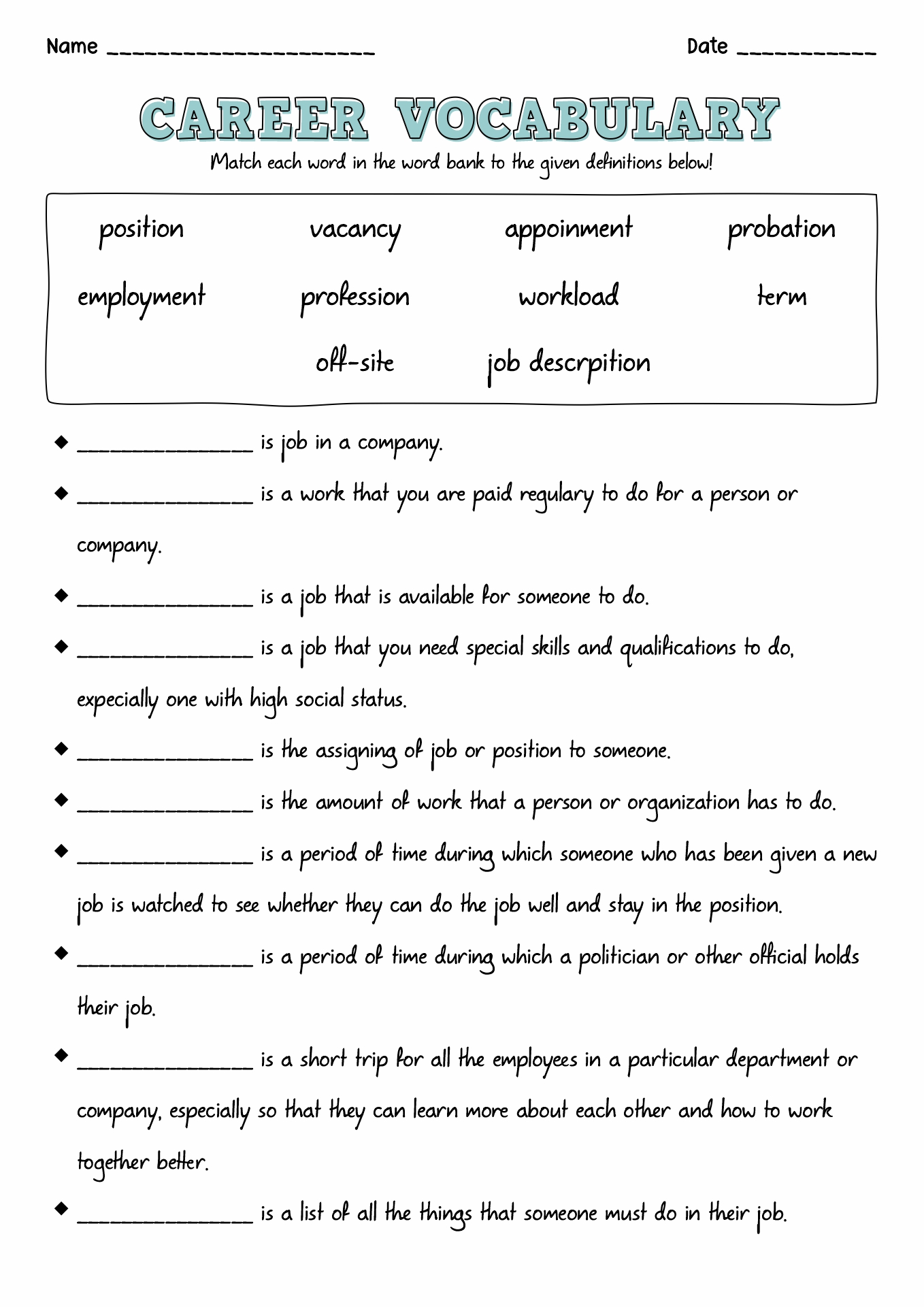 Career Vocabulary Worksheets Image